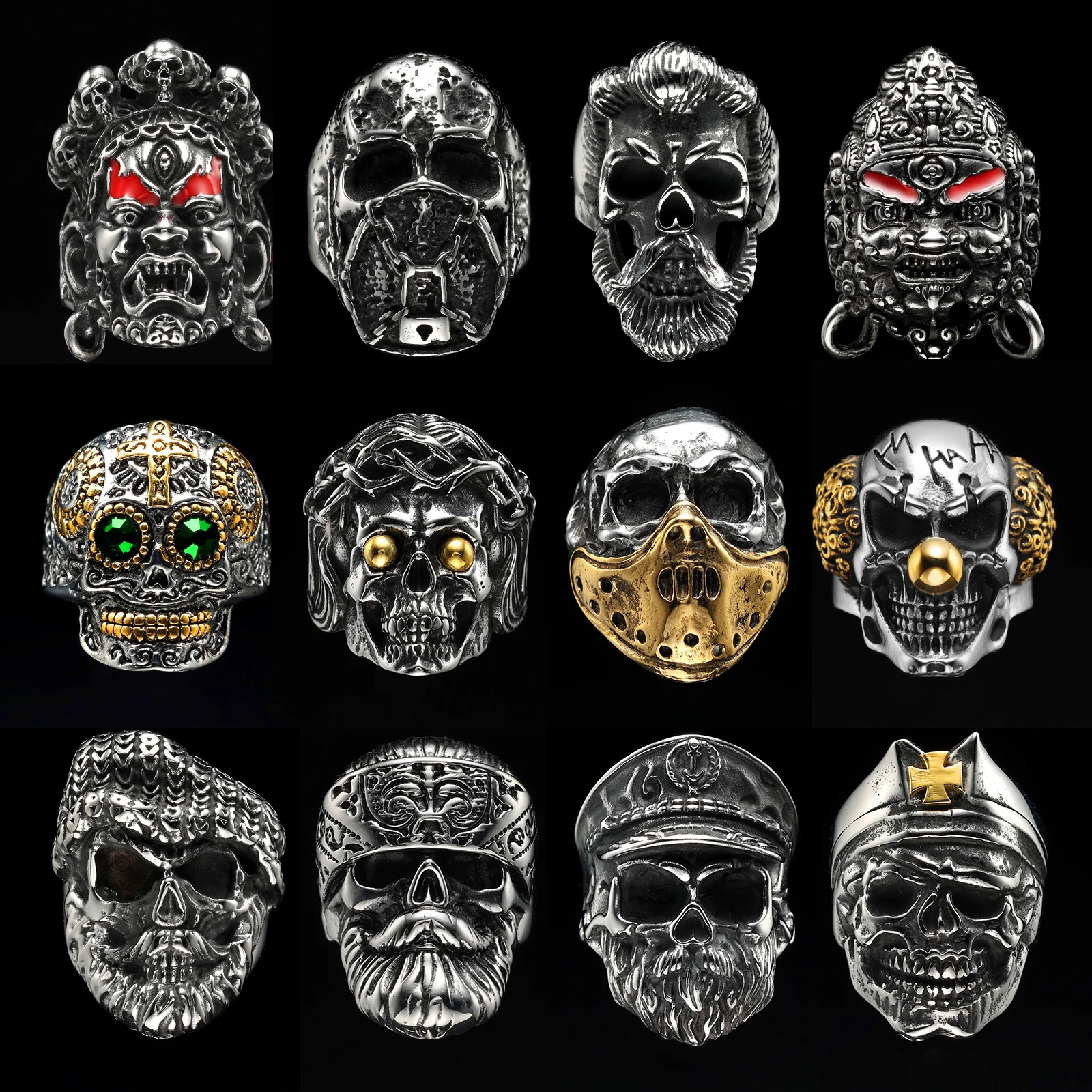 Vintage Punk Gothic All Skull Head Series Stainless Steel Womens Mens Rings Unique for Biker Jewelry Creativity Gift Wholesale