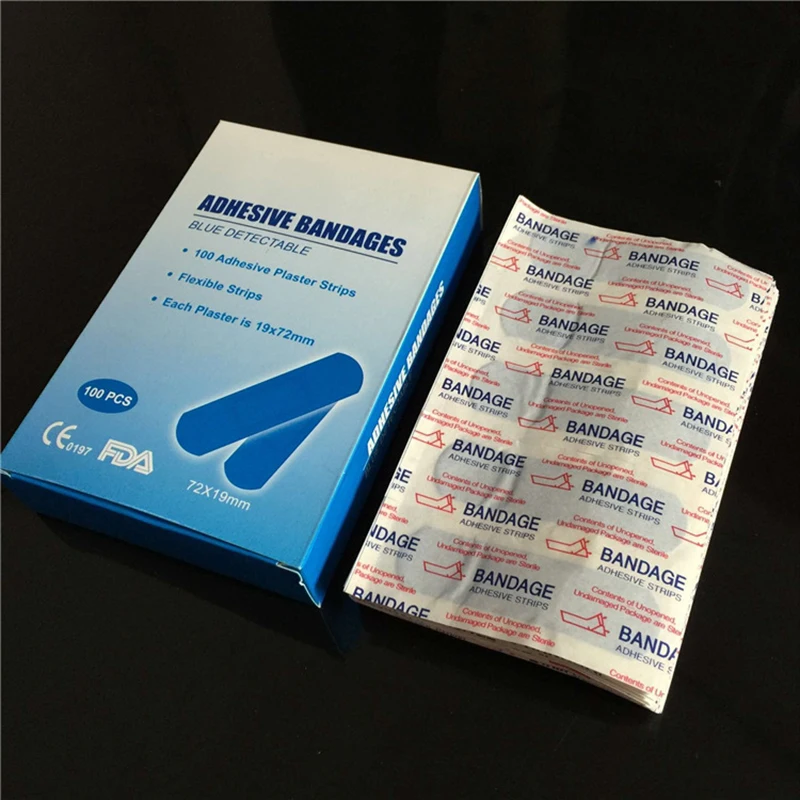 Imagem -02 - Band-aid Adesivo de Gesso Metal Azul Molho Impermeável Bandagem de Primeiros Socorros para Alimentos Hotel e Chef Médico 100 Pcs