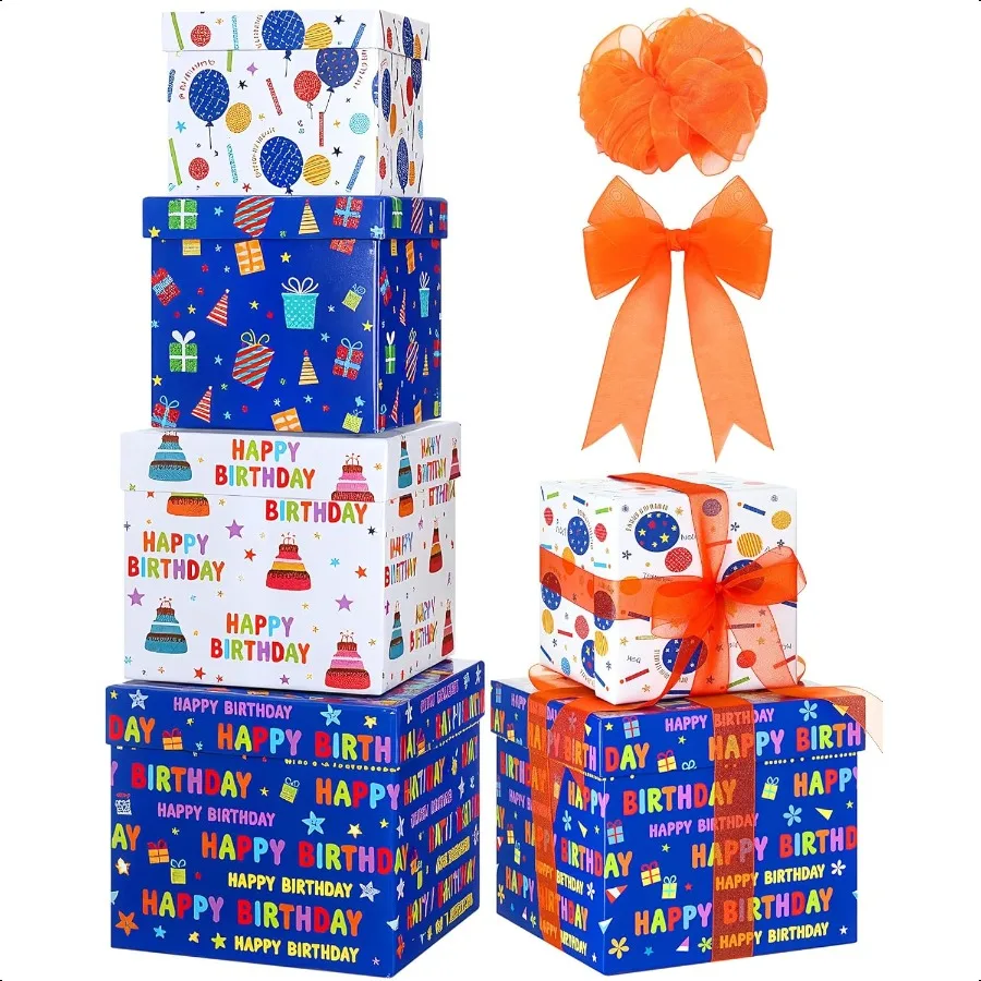 

4 Pcs Birthday Gift Boxes with Lids Ribbon Colorful Square Box 4 Assorted Sizes Stackable Gift Box for Birthday Baby Shower Par