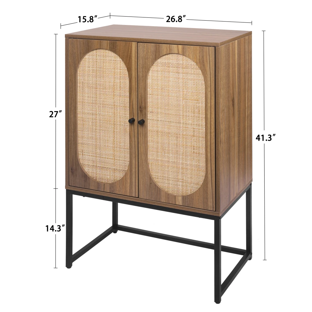 2 Door High Cabinet, Rattan, Built-in Adjustable Shelf, Easy Assembly, Free Standing Cabinet for Living Room Bedroom