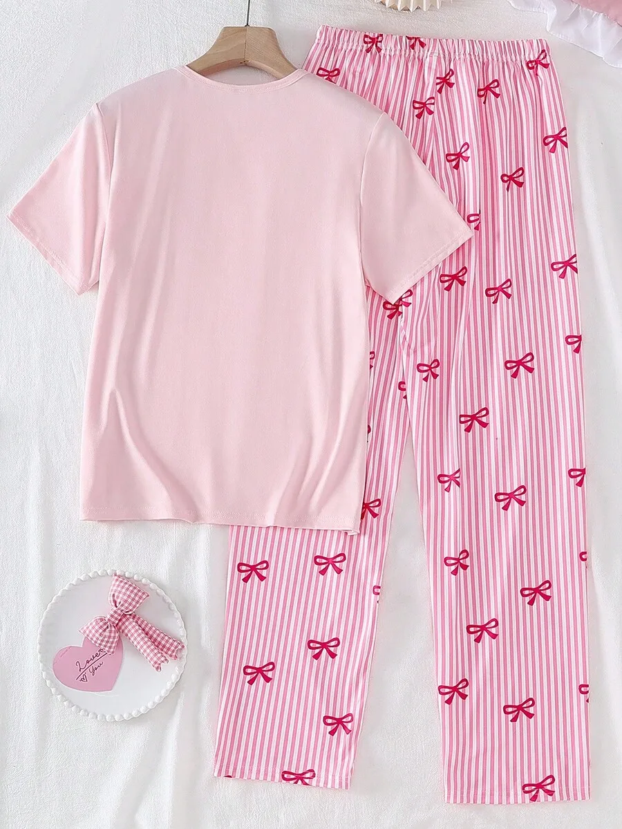 

Womens Pink Bow Print Round Neck Short Sleeve Pajama Set With Striped Pants