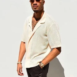 Summer Streetwear Mens Knit Shirts Fashion Solid Color Short Sleeve Button Lapel Knitted Tops For Men Vintage Hollow Out Shirt