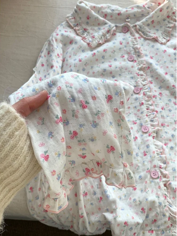 Spring Autumn 2026 Sweet Floral Print Long Sleeve Long Pants Sleepwear Women's Doll Collar Wooden  Trim Open Cardigan Hom...