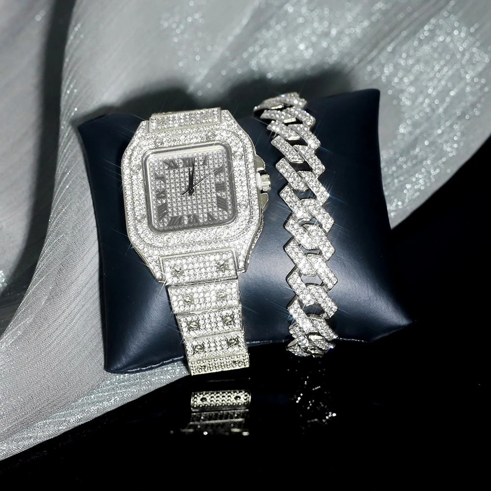Iced Out Bracelet+Watch Set High Quaility Miami Cuban Chain Exquisite Jewelry Hip Pop Street Style For Men Women Daily Wear