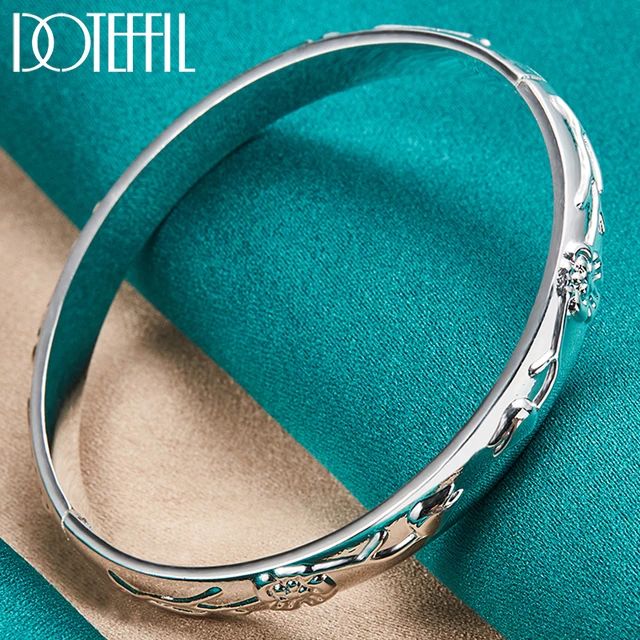 DOTEFFIL 925 Sterling Silver Flower Rose Cuff Bangle Bransoletka dla kobiet Biżuteria zaręczynowa na prezent ślubny