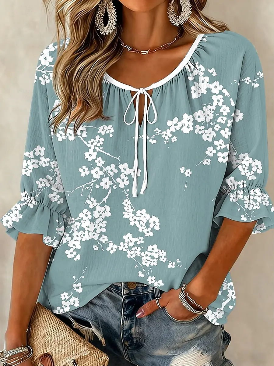 

Women's Teal White Floral Print Tie Neck Blouse, Casual Loose Tops for Spring Summer Daily Wear & Vacation Occasions