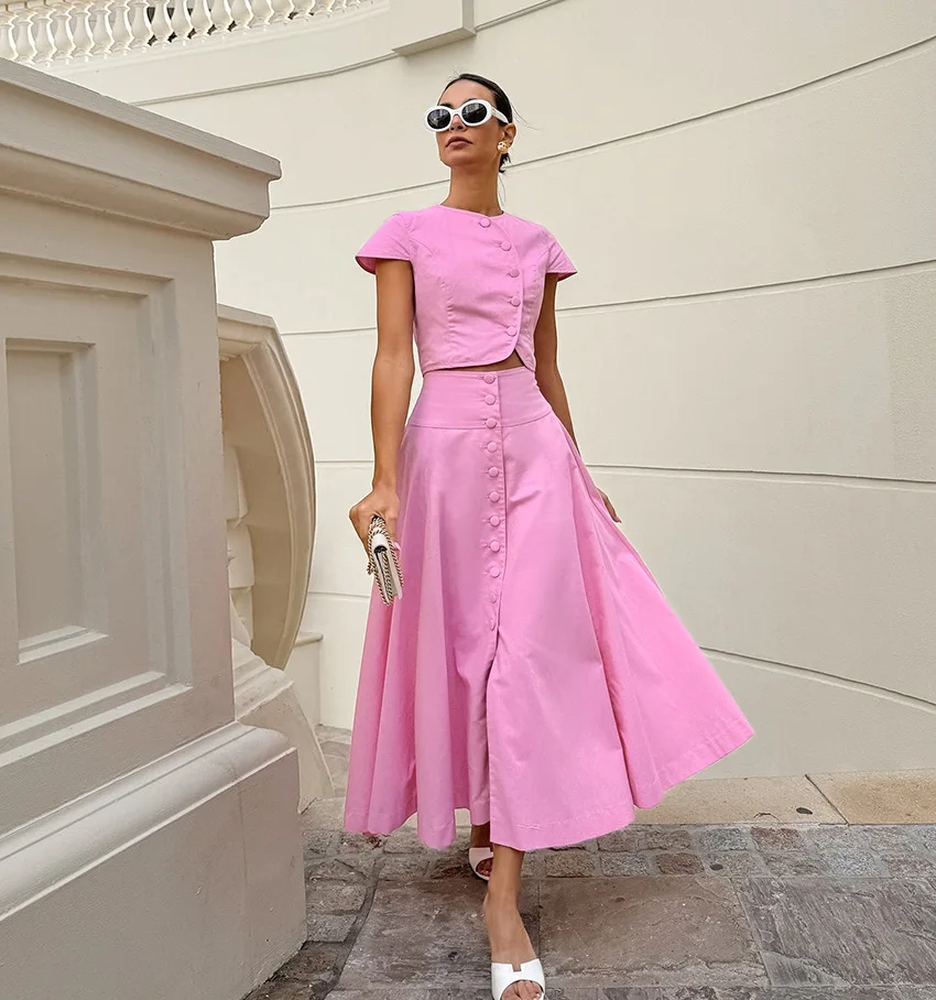 

Temperament Elegant Short Sleeve Button O-neck Tops Women Summer Solid Pink Color A-line Loose Long Skirt 2 Piece Set