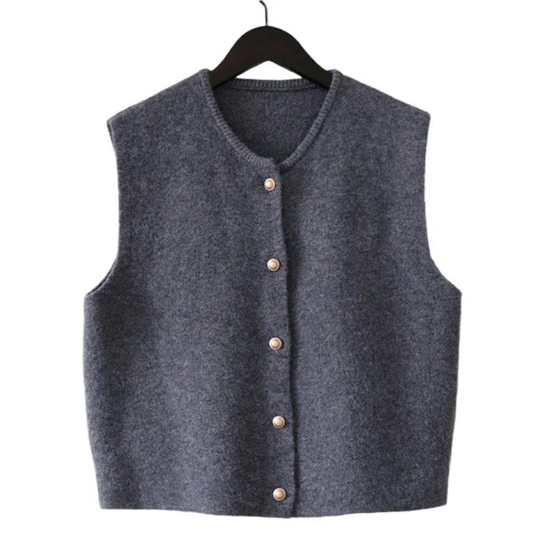 Knitted Vests Women Spring Autumn O-Neck Solid Color Loose Single Breasted Sleeveless Sweaters Waistcoats Fashion Basic Daily