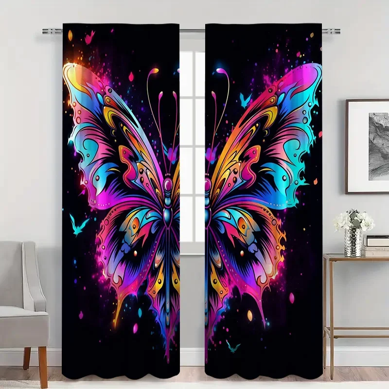 2PC Dreamy Butterfly Curtains, Vibrant Blue and Pink Wing Print, Blackout Drapes for Bedroom or Living Room, Inspired Home Decor