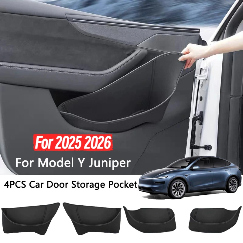 

Car Door Side Storage Box For Tesla Model Y Juniper Leather Full Cover Front Rear Door Handel Pocket Organizer Tray Accessories
