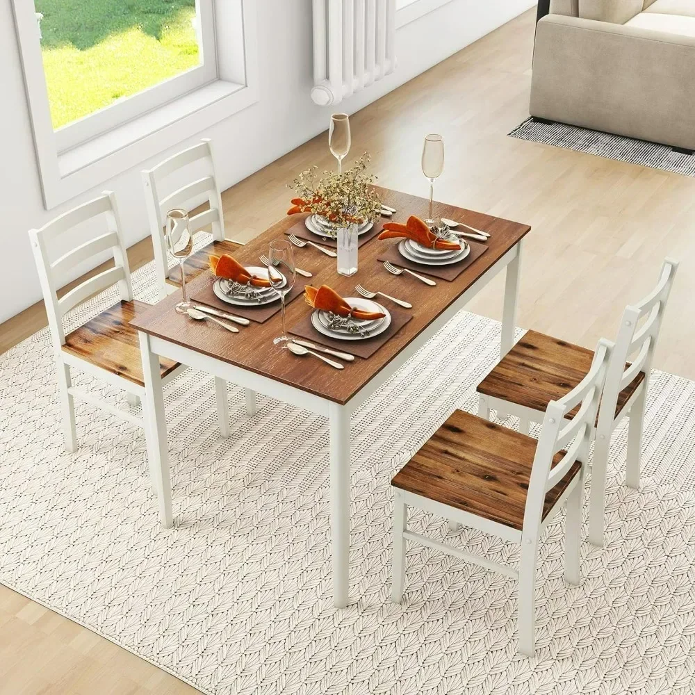 Dining Table Set for 4, w/Rubber Wood Legs, Modern Kitchen Table and Chair Set for Kitchen,Solid Wood, Farmhouse Dinette Set