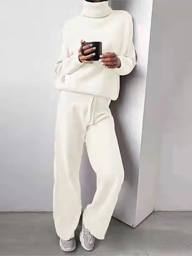 

Women's Fashion Suit Leisure High Collar Long Sleeves Knitted Pullovers Long Pants Two-piece Sets Ladies Winter Tracksuit Sets