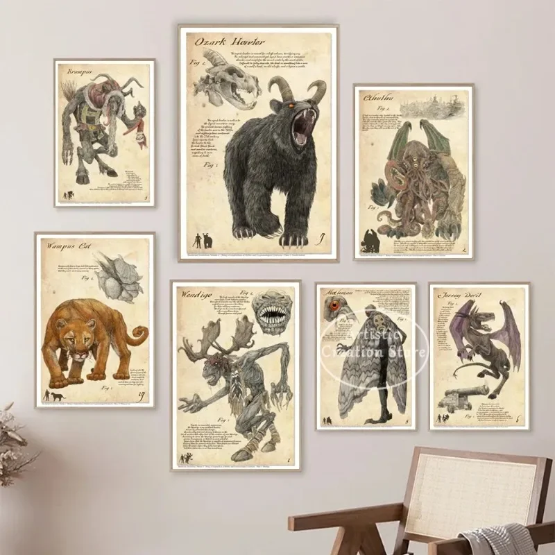 Cryptids Folklore Poster Cthulhu Mothman Krampus Jersey Devil Wendigo Naturalist Print Canvas Wall Art Painting Wall Home Decor