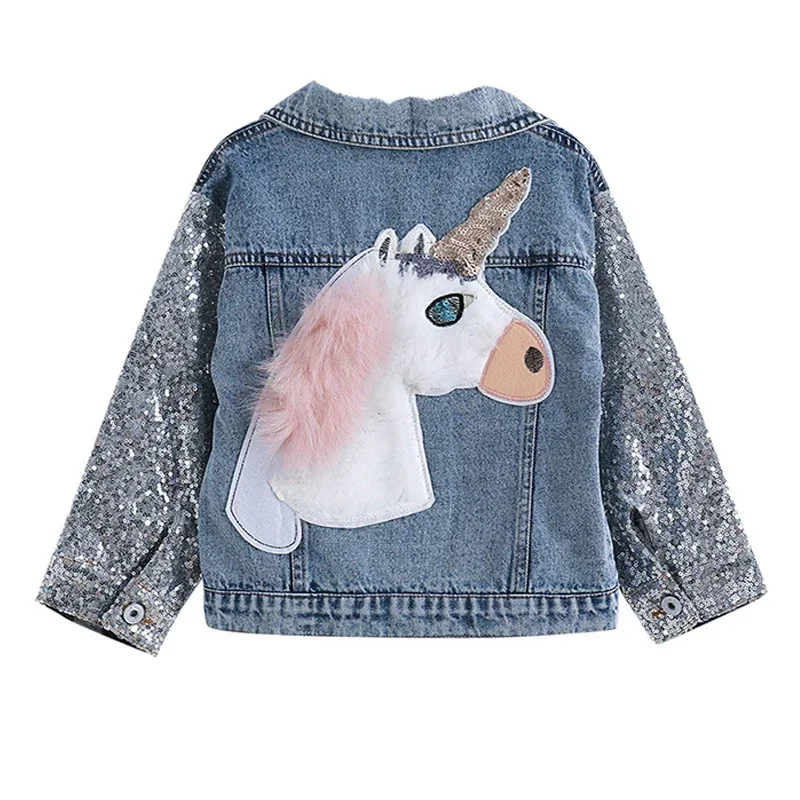 

Girls Denim Outerwear 2024 New Autumn Style Kids Clothes Cartoon Coat Embroidery Children Horse Printed Clothing Jacket