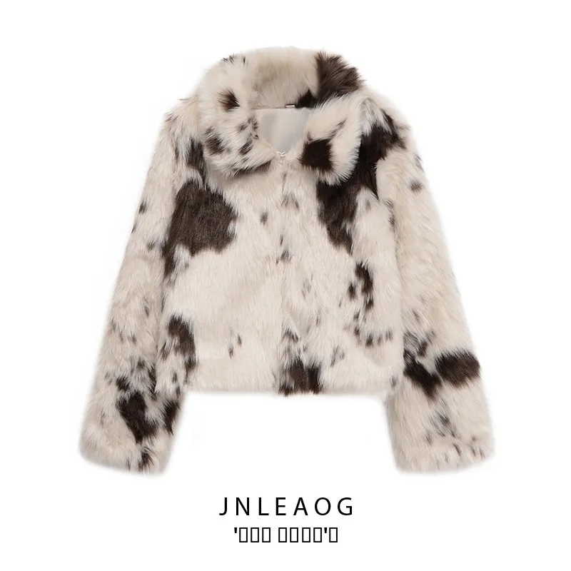 معطف نسائي من JNLEAOG بتصميم مطبوع عليه حيوانات من الفرو الاصطناعي مناسب للخريف جديد من ألياف البوليستر طويل...