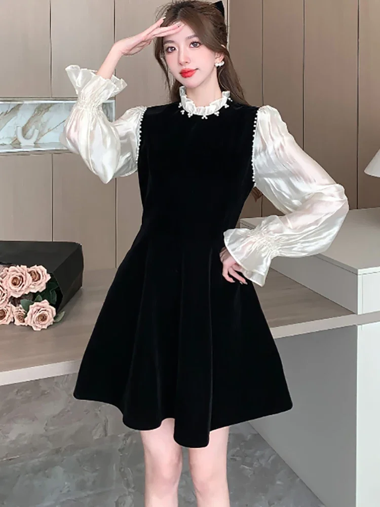 

MIni Dresses Chic Velvet Patchwork Diamonds Vestidos Autumn Winter High Waist A-Line Short Dress 2024 Vintage Evening Dresses