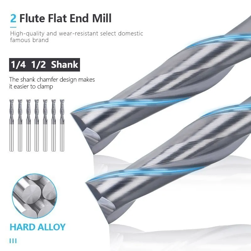 CMCP Two Flutes Square Nose End Mill Carbide Upcut CNC Router Bits TiALN Coated, 1/4 inch 1/2 inch Shank Milling Cutter