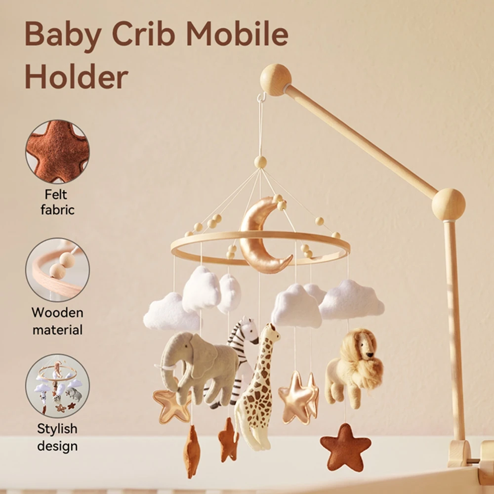 Wooden Bed Bell Baby Crib Mobile with Music Box Soft Felt Cartoon Bear Hanging Rattle Toy for Newborn Nursery Decor Bracket