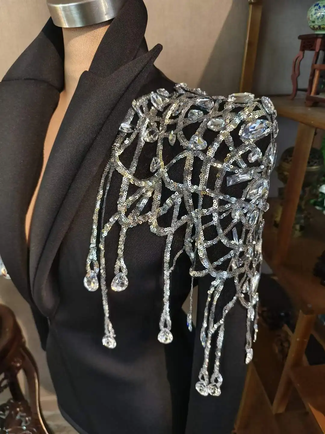 Sparkly Rhinestone Fringe Black Women Blazer Style Birthday Futuristic Drag Queen Outfit Stage Singer Performance Costume