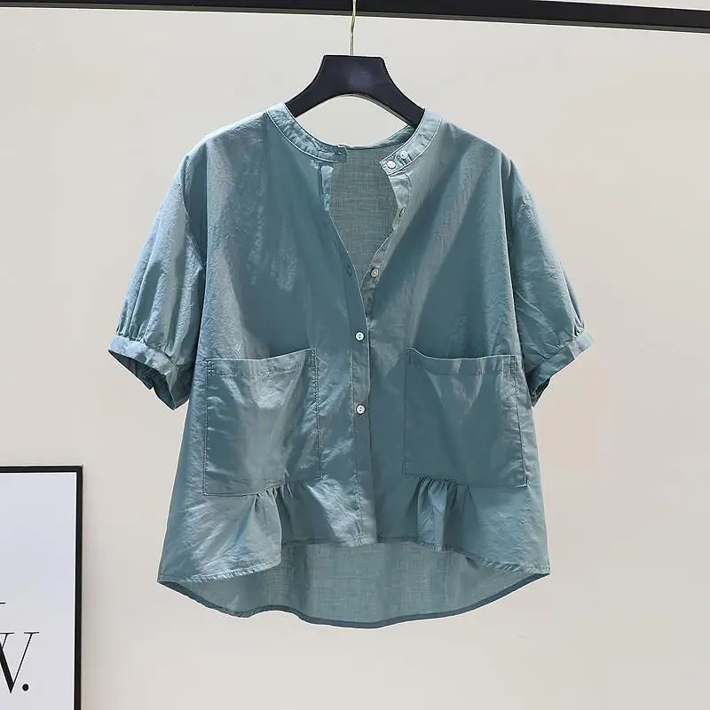 

Fashion O-Neck Solid Color Spliced Pockets Loose Folds Shirt Women's Clothing 2023 Summer New Casual Tops Asymmetrical Blouse