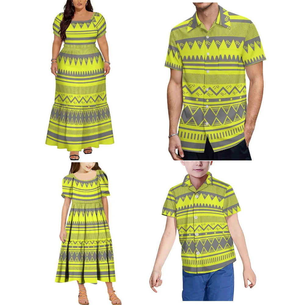 Conjunto Familiar Estilo Ilhas Polinésias: Vestido Feminino de Verão de Manga Curta e Camisa Masculina com Bolsos, Roupa Tribal Oversized Fiji