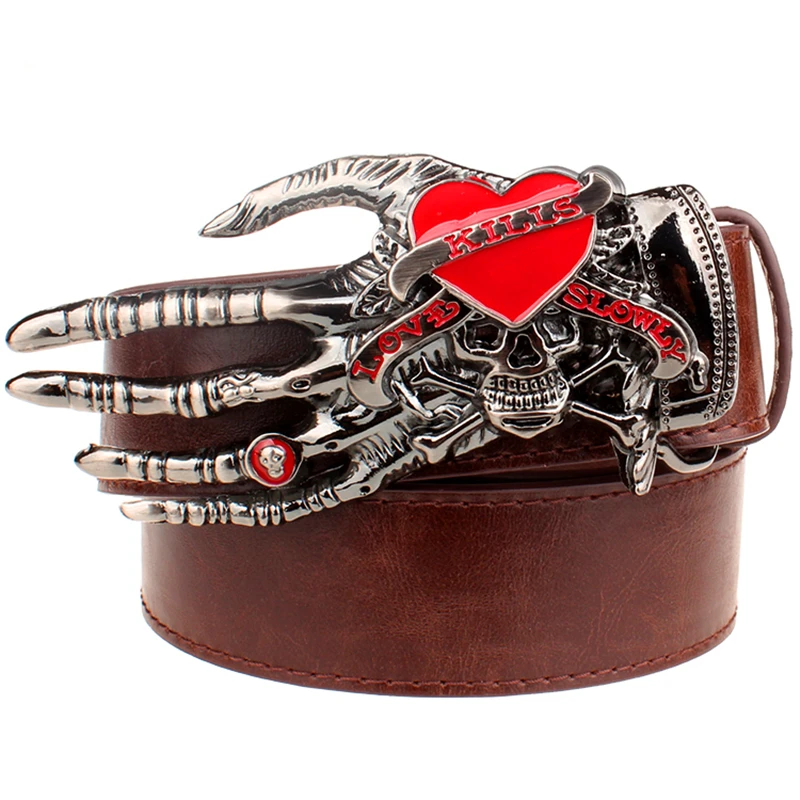 Fashion Belt Love Kill Skull Hand Buckle Punk Metal Skeleton Paw Men Women Leather Belts