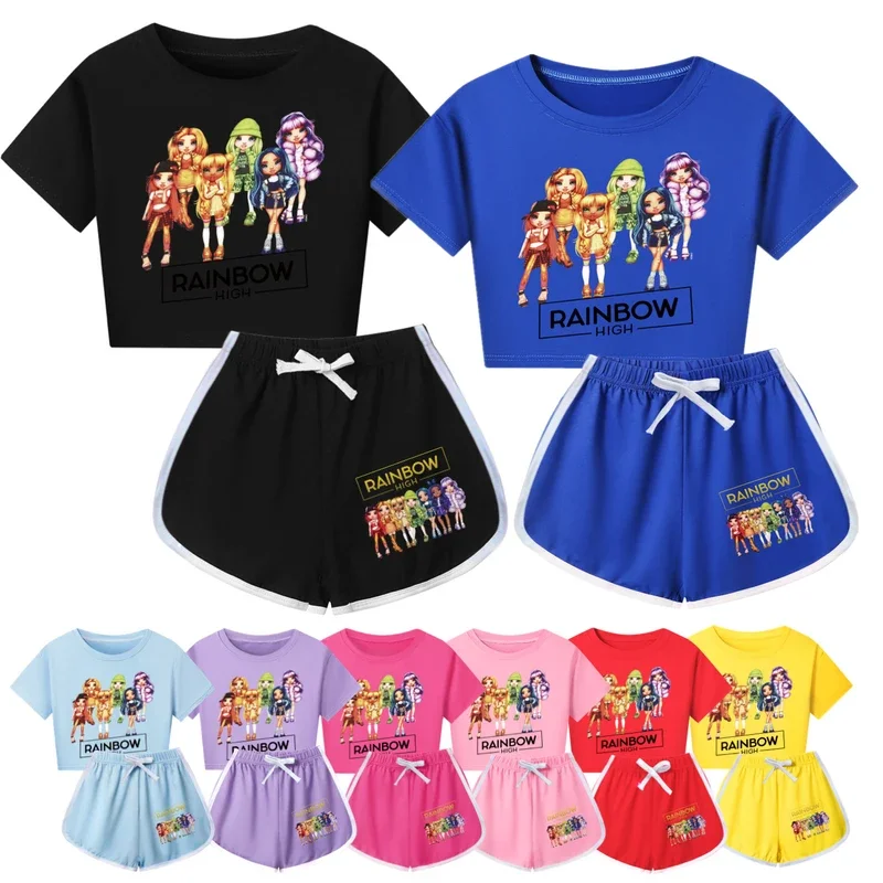 New Rainbow High girls set summer costumes suit new fashion kids cartoon pattern outfits children casual clothes tracksuit