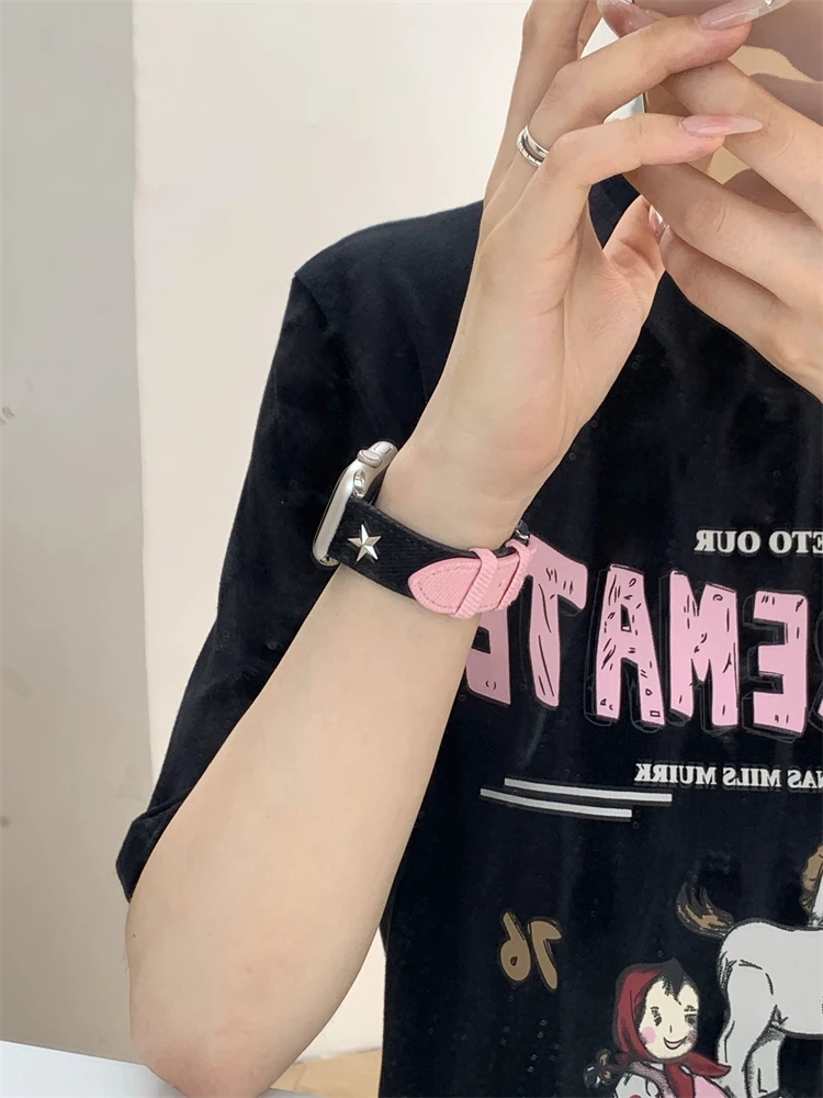 Y2k Star Pink Black Denim Canvas Band For Apple Watch 7 8 SE 6 5 4 Cute Girl Leather Strap For iwatch 38mm 41mm 45 42 44 49 40mm