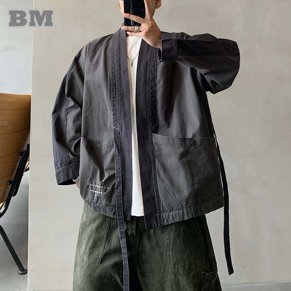 

Mens Chinese Style Taoist Robe Jacket Loose V Neck Casual Coat Autumn Retro Contrast Stitching Drawstring Layering Outerwear