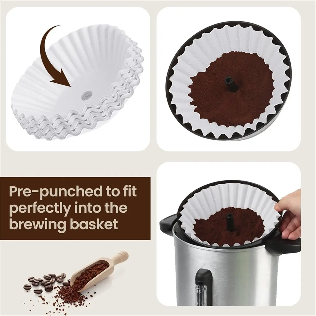 (A64E) Pacote com 100 filtros de café descartáveis ​​perfurados brancos para cafeteira Hamilton Beach de 45 xícaras