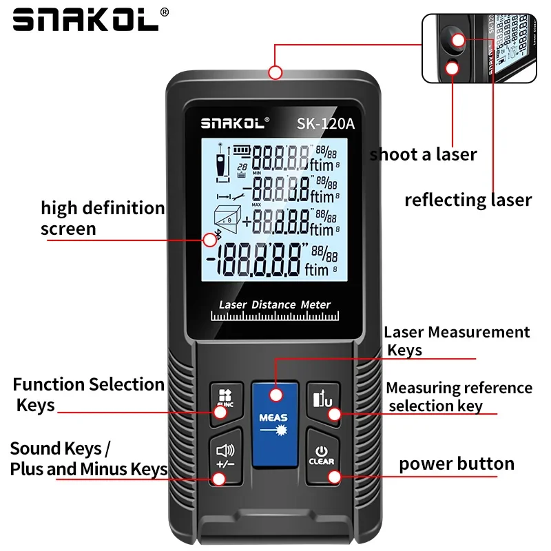 SNAKOL Laser-afstandsmeter meetlint - Digitale liniaal testtool 40m/50m/70m/100m/120m afstandsmeter