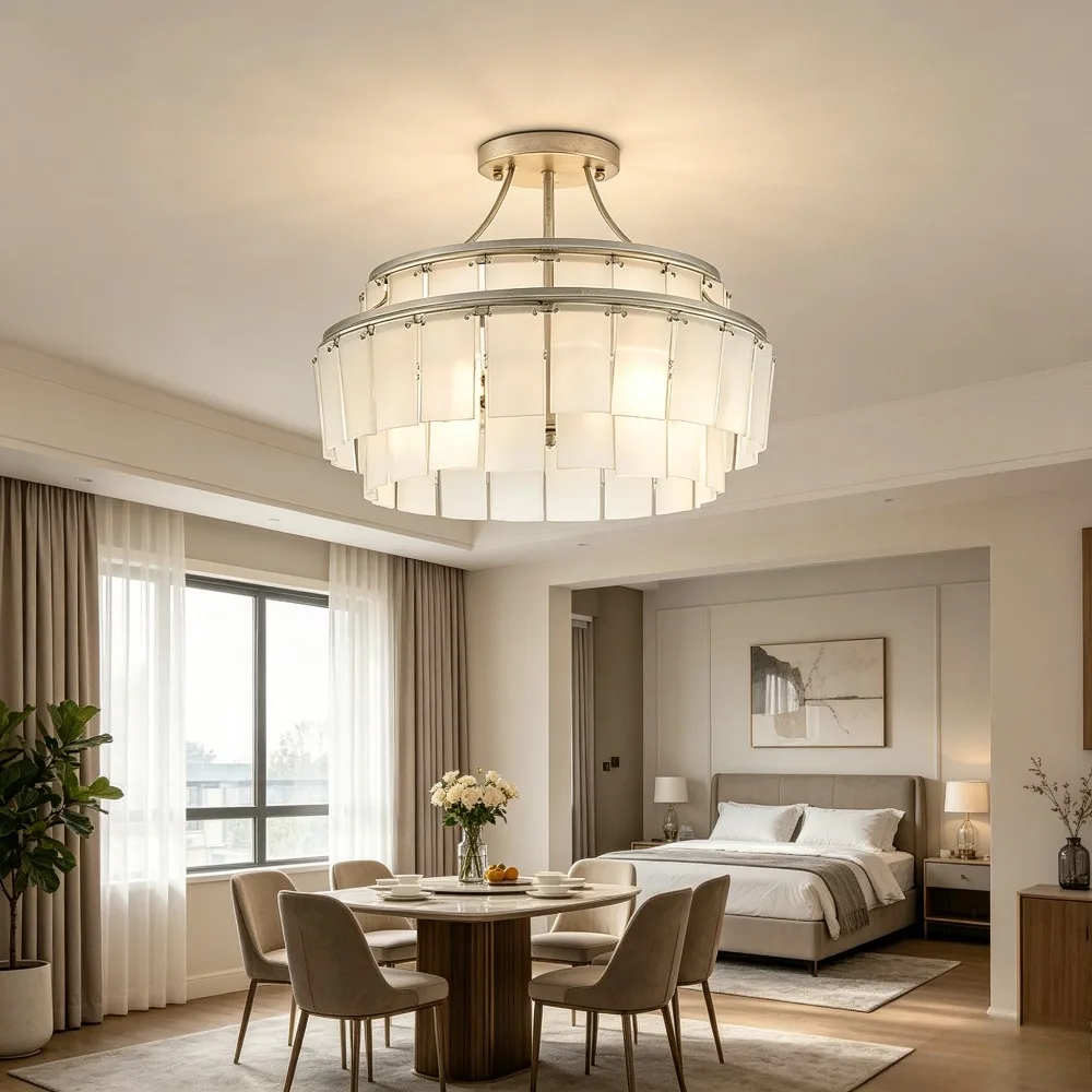 New Designer American Chandelier Dimmable Three Color Change Glass Metal Double Layer Adjustable Chain for Villa