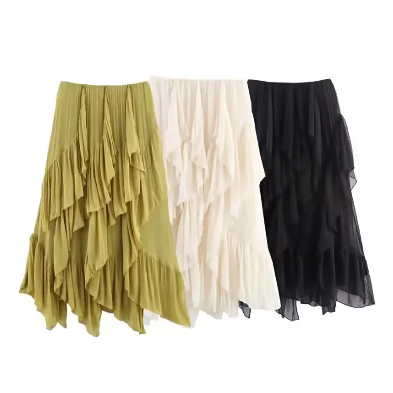Summer Solid Color Layered Decorative Long Skirt Women Elastic Waist Ruffles MIDI Skirt Female Casual Fashionable Vacation Wear