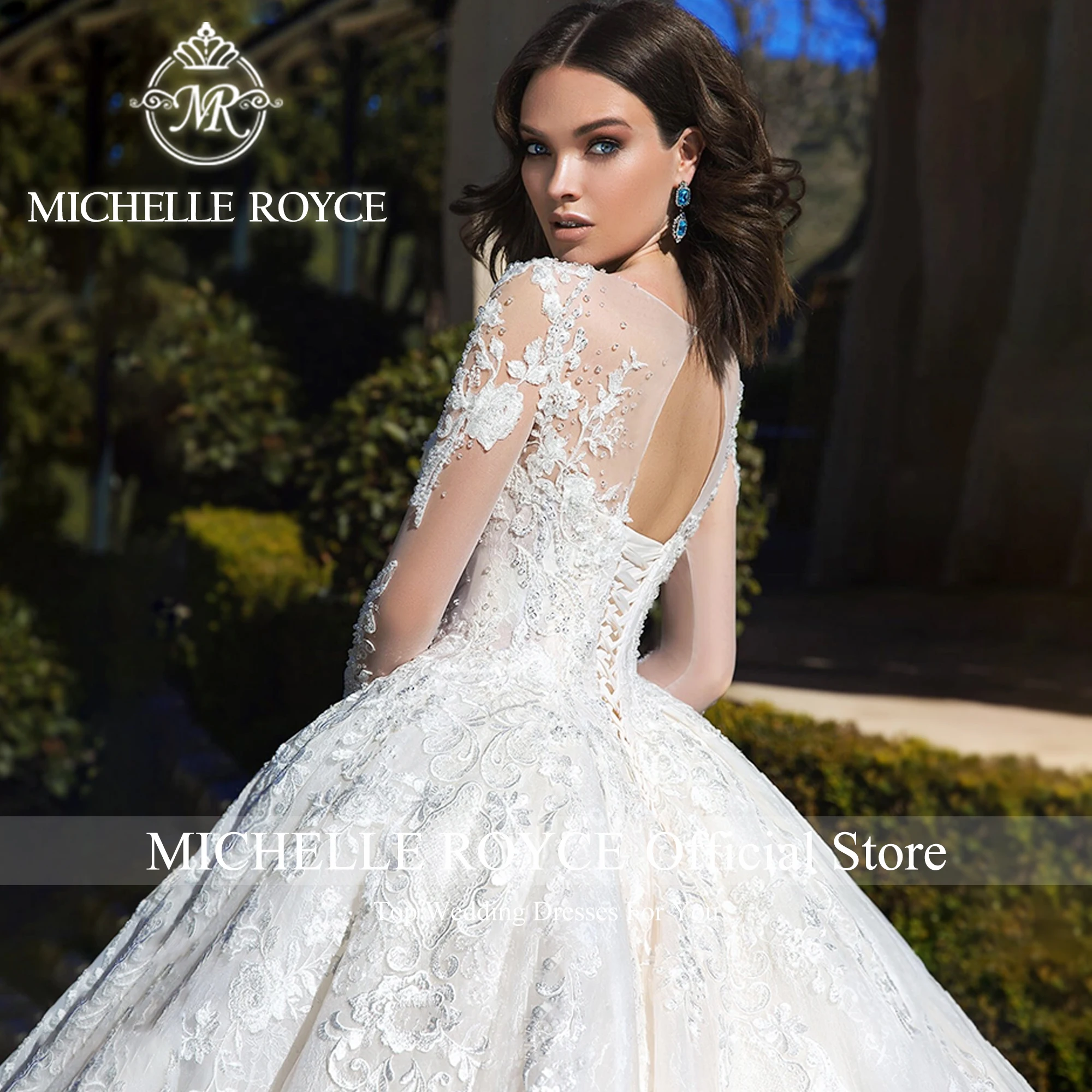 Michelle Royce Luxury Ball Gown Wedding Dresses For Women 2024 Long Sleeve Appliques Scoop Wedding Gown Vestidos De Novia