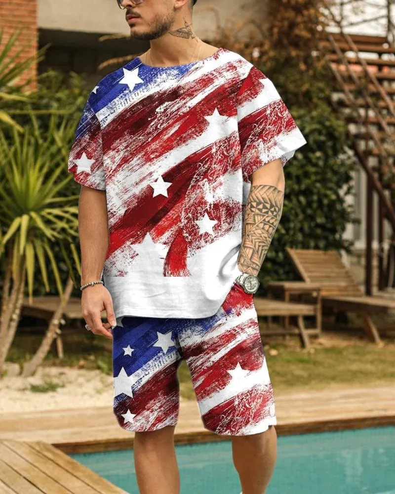 

US Flag Print set 3D Print 2Pcs Men T-shirt +Shorts 2pcs set O-neck Sweatshirt Fashion New Oversized Casual Unisex clothing