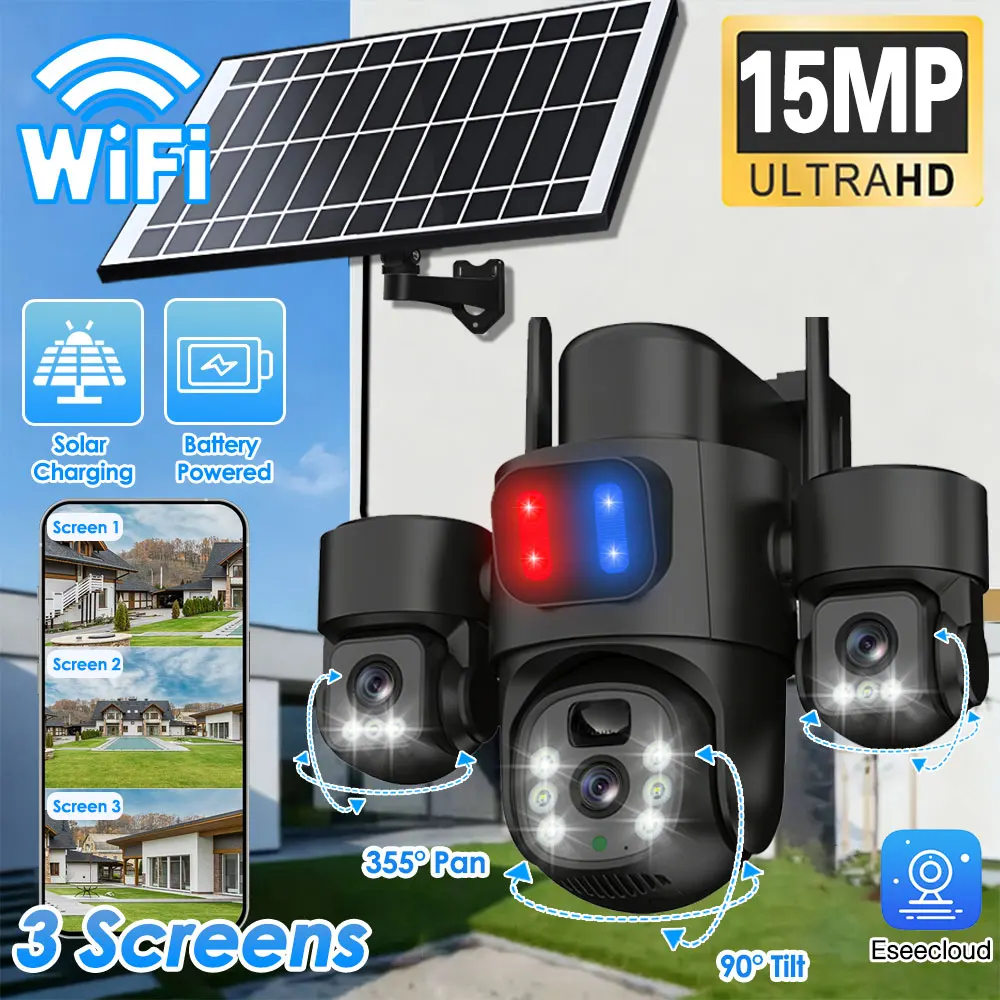 WIFI Solar PTZ Camera Outdoor 15MP Three Lens Three Screen Security Surveillance Camera 360 PIR Detection Solar CCTV EseeCloud