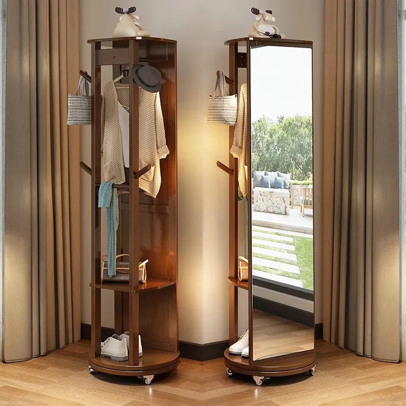 مرآة تلبيس لكامل الجسم، مرآة أرضية من الخشب الصلب، دوارة، منزلية، تخزين ملابس معلقة، متكاملة