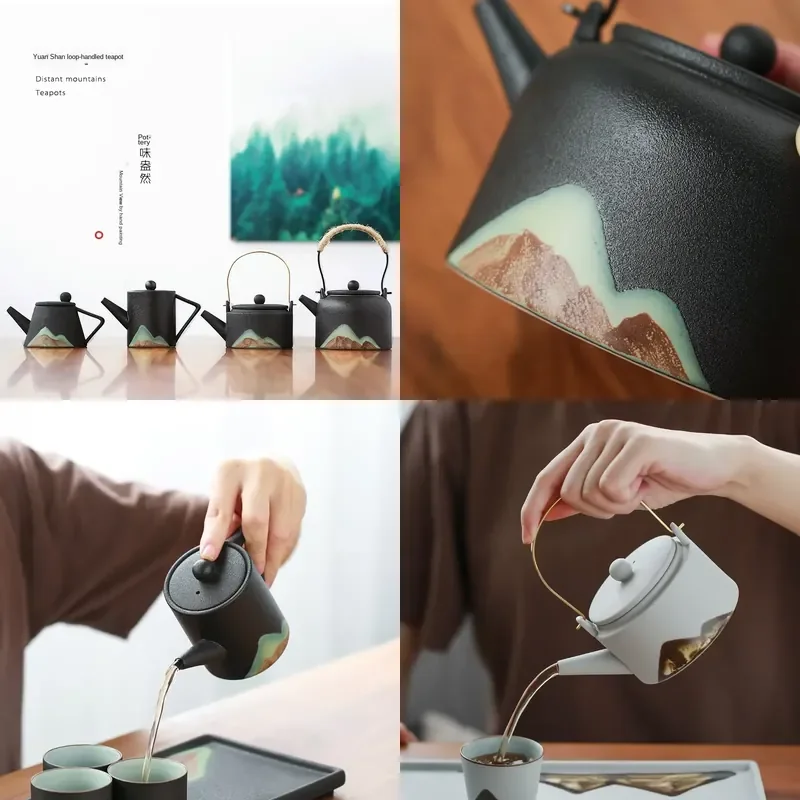 

【CHIMU HOME】 Hand-painted Pottery Teapot for Japanese Style Kung Fu Set Jingdezhen Porcelain Large Loop-handled Pu-erh