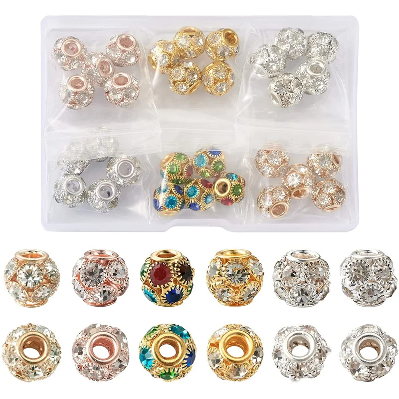 20Pcs/Lot 10 Colors Crystal Rhinestone 15mm Round Ball Beads 5mm Big Hole for Chain Jewelry Bracelet Bangle Necklace Hair Beads