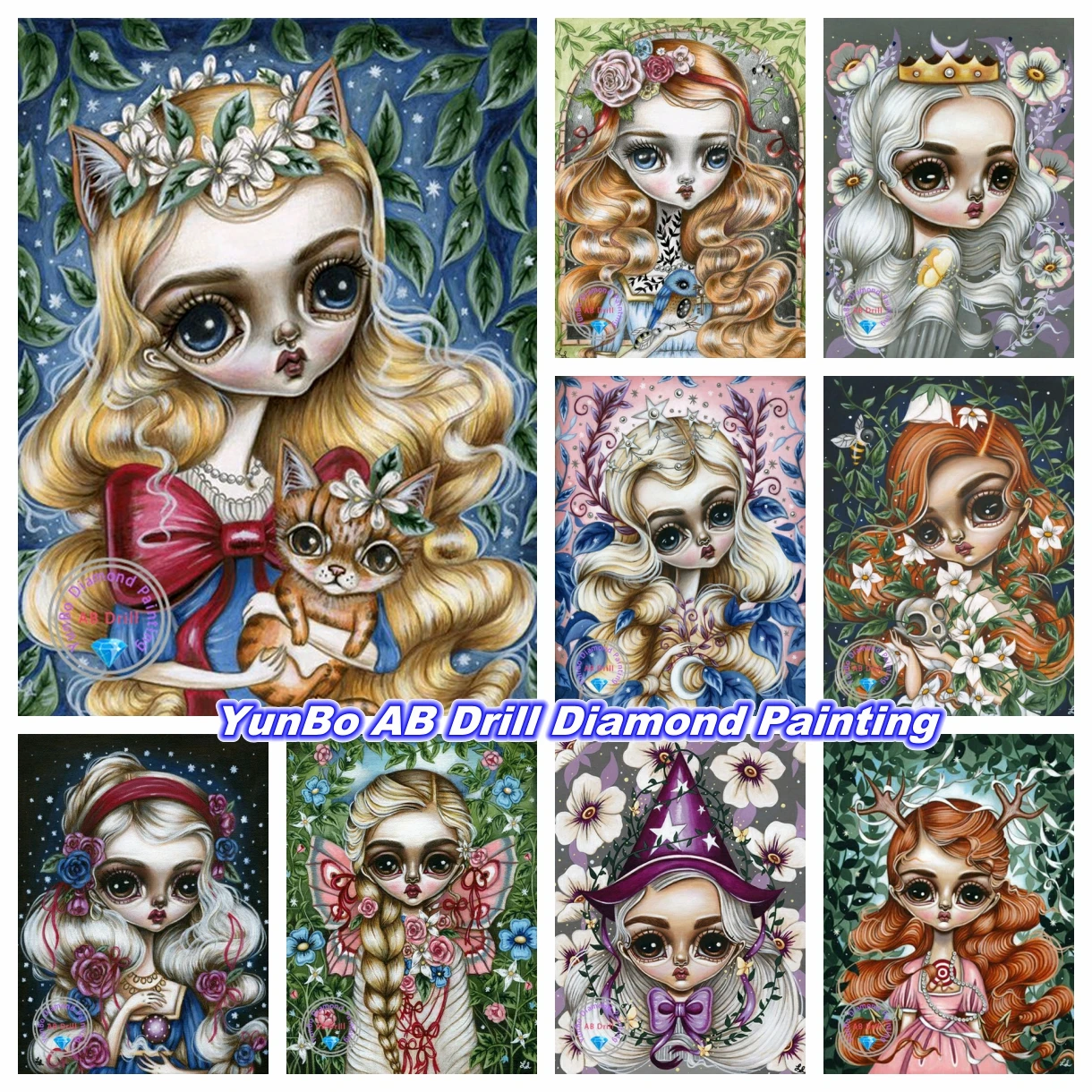 Sweet Cute Big Eyes Girl 5D DIY AB Diamond Painting Mosaic Cartoon Gold Hair Art Cross Stitch Rhinestones Home Decor Kid's Gifts