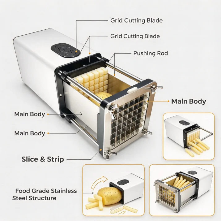 Electric Potato Chipper Multi Function Vegetable Cutter Slicer Kitchen Home French Fry Maker Food Processor Stainless Steel Blad