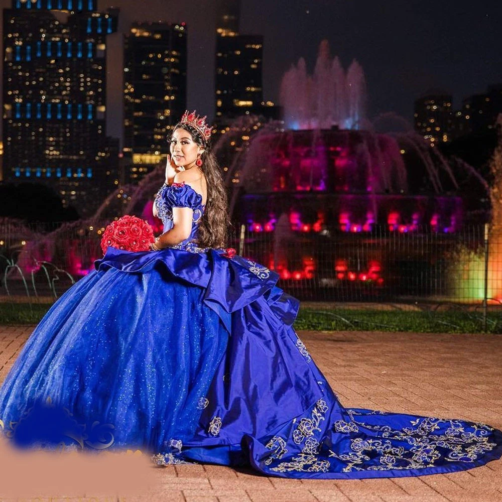 ANGELSBRIDEP Seuqins vestido de quinceañera azul real con apliques brillantes, vestido de baile con hombros descubiertos, vestido dulce mexicano de 16, 15 años