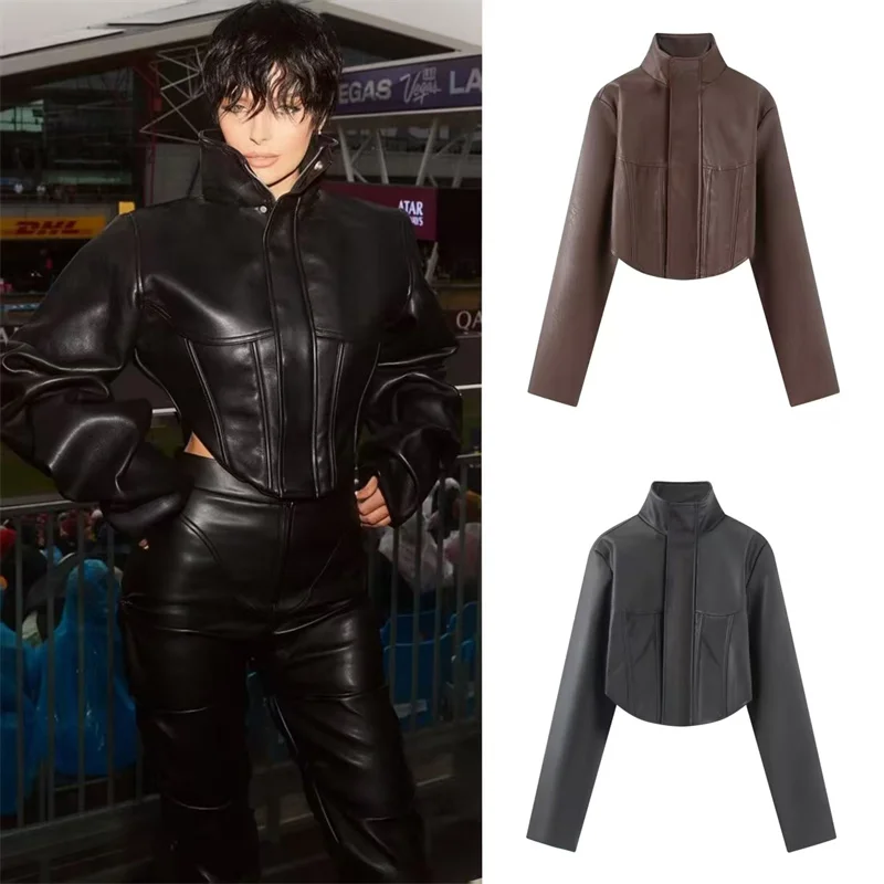 Smvp Women's Jacket 2026 Autumn New Solid Color Long Sleeve Faux Leather Herringbone Slim Biker Style Jacket Trendy