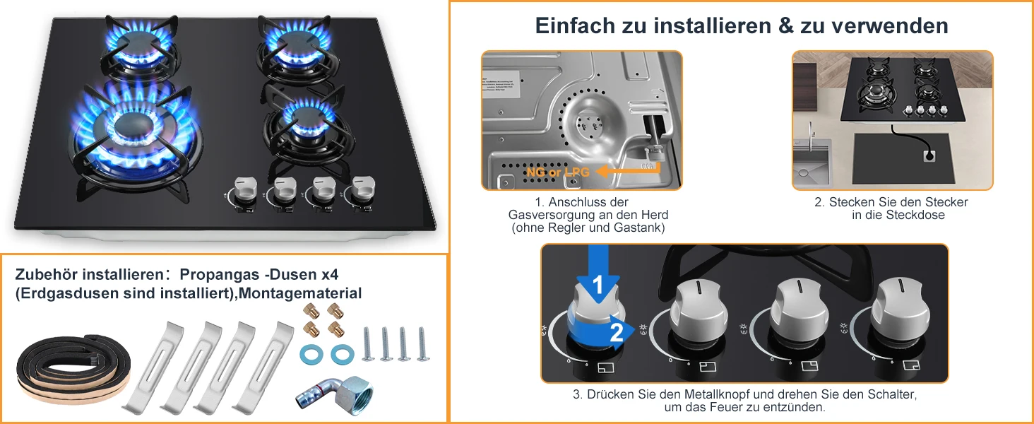 60cm Einbau-Gaskochfeld mit 4 Brennern | Auto-Thermoelement & Sicherheitsschloss | 4-Zonen-Herd aus gehärtetem Glas 8060W mit automatischer Zündung – Detail 12