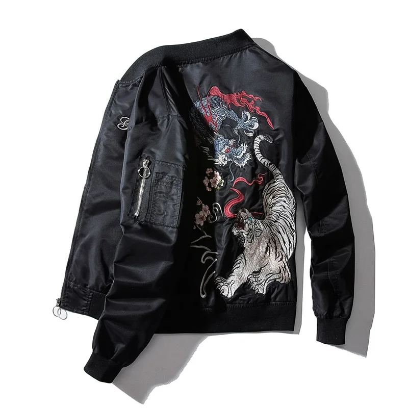 Men\'s Retro Cyan Dragon White Tiger Embroidered Baseball Jacket  Men Street Hip Hop Coat #C120