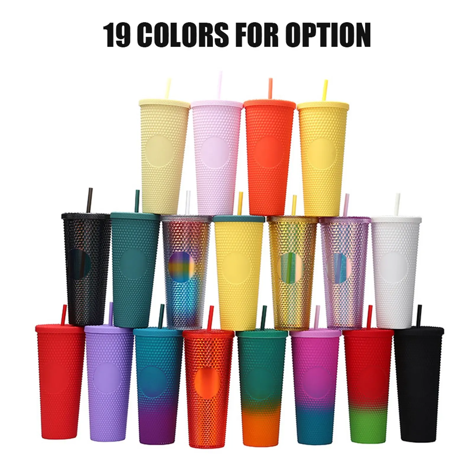 710ML/24OZ Large Capacity Water Cup Fully Studded Matte Tumbler Reusable Plastic Cup with Wide Opening Leak-Proof Lid Straw
