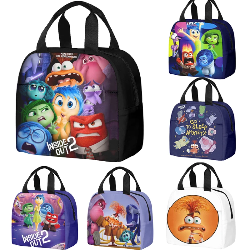 

2024 New Inside Out 2 Lunch Bag Cute Anime Peripheral Anxiety Anger Joy Handbag Printed Kids Lunch Bag Handbag
