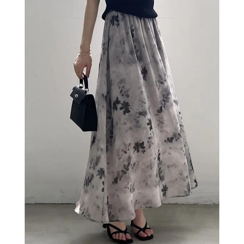 Summer Elastic Waist Vintage Printing A-line Skirt Women High Street Casual Loose Y2K Korean Style High Waist Female Clothing