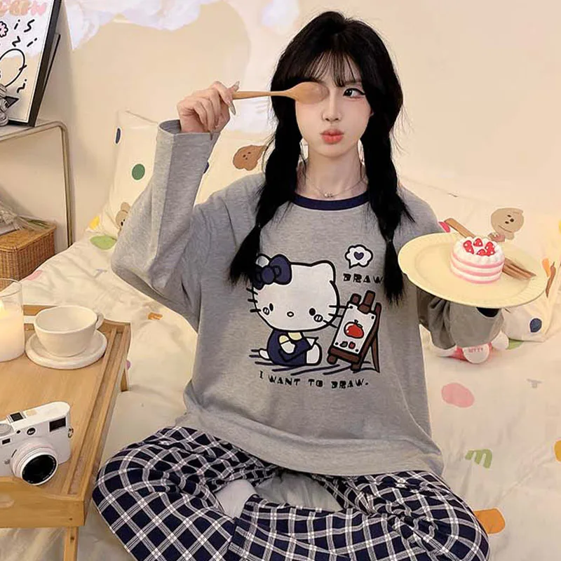 

Anime Hello Kiity Cartoon Pajamas Female Cute Pure Cotton Comfortable Spring Autumn Woman Large Size Long Sleeves Lounge Clothes