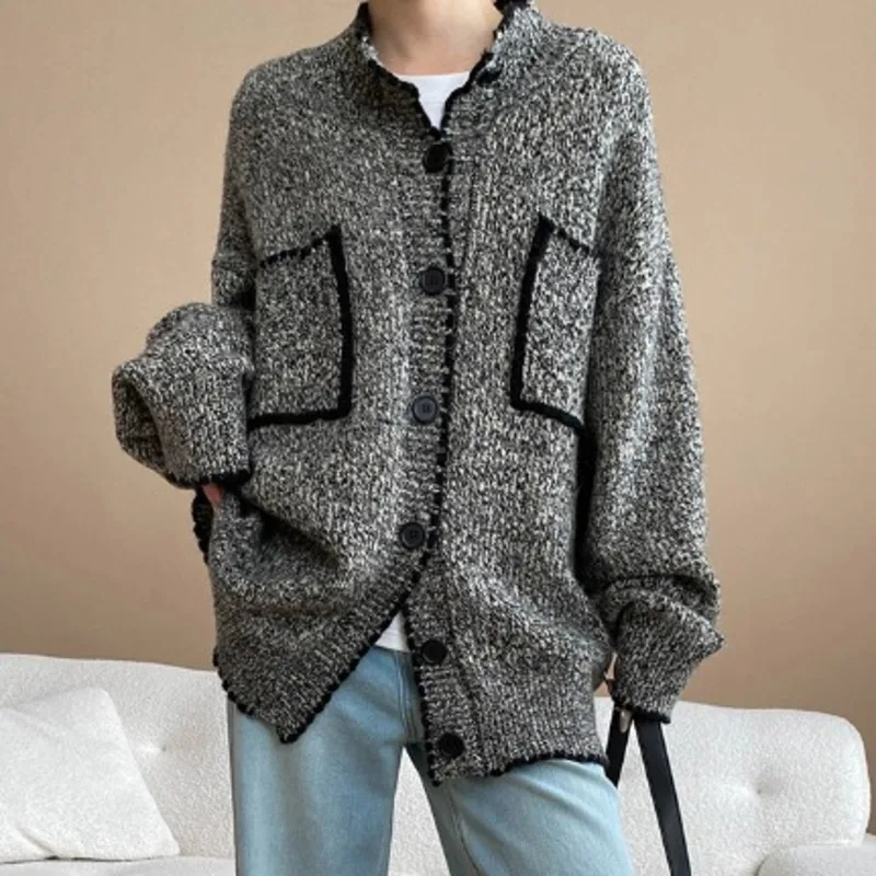 HKSH Spring Autumn New Women Sweater Single Breasted Pockets Color Block Casual Knitted Cardigan Elegant Trendy Ins Coat HK13604